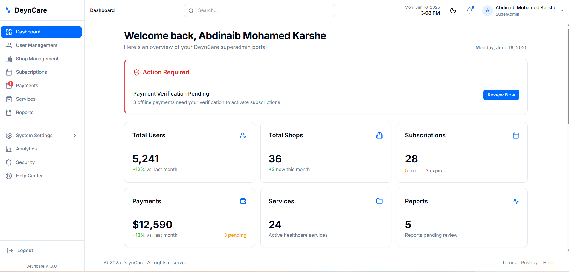 DeynCare Dashboard Interface